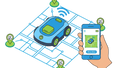 Illustration of a robot mower on a grid with a smartphone app controlling it.