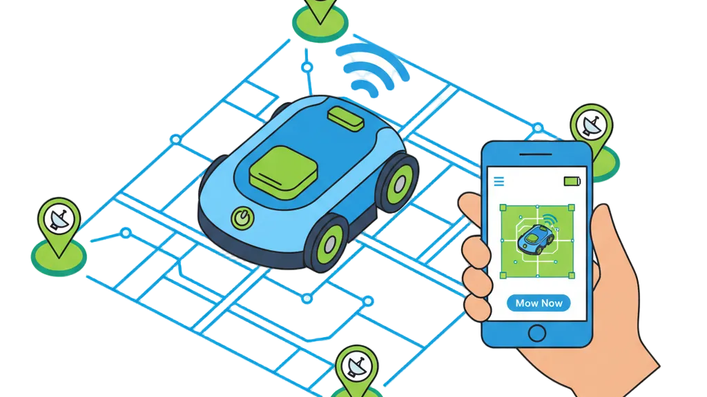 Illustration of a robot mower on a grid with a smartphone app controlling it.