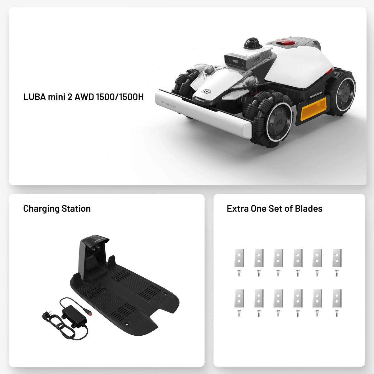 Robotic lawn mower with charging station and extra blades on a white background