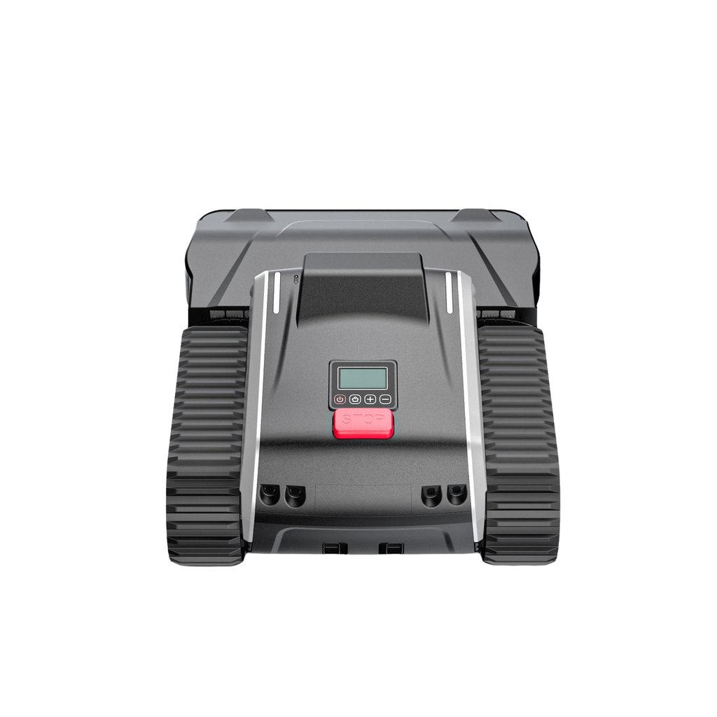 Black and gray electronic device with a digital display on a white background