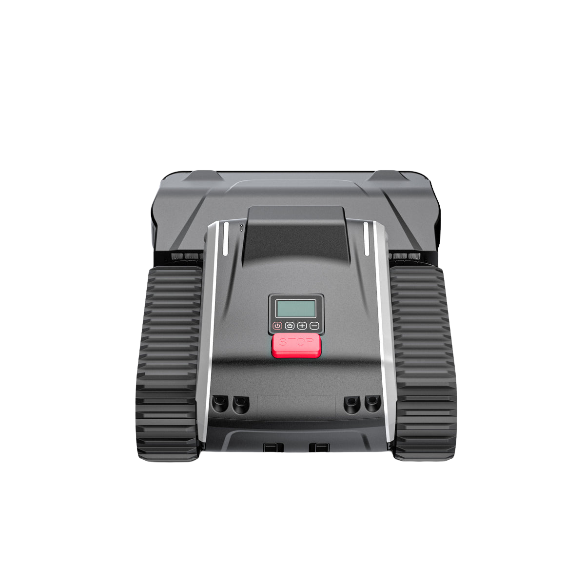 Black and gray electronic device with a digital display on a white background