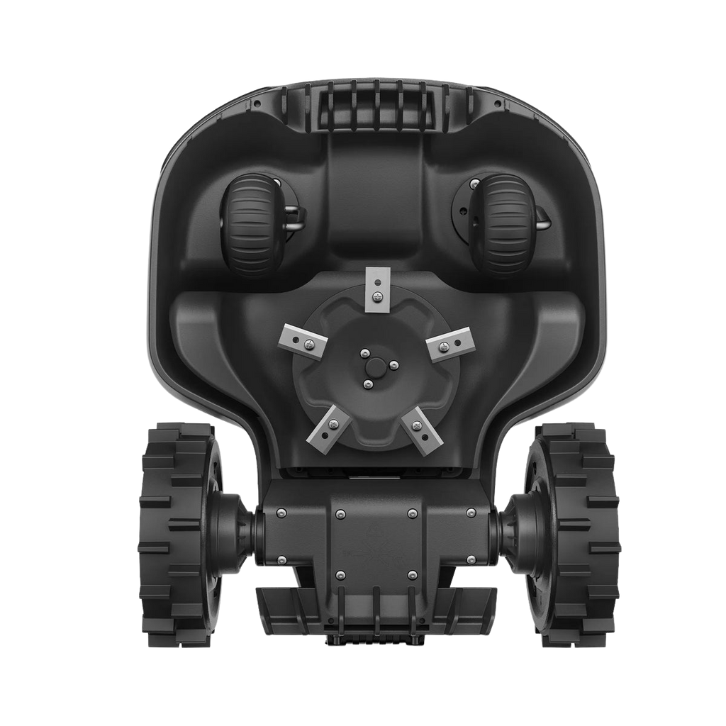 Top-down view of a robot with wheels on a transparent background