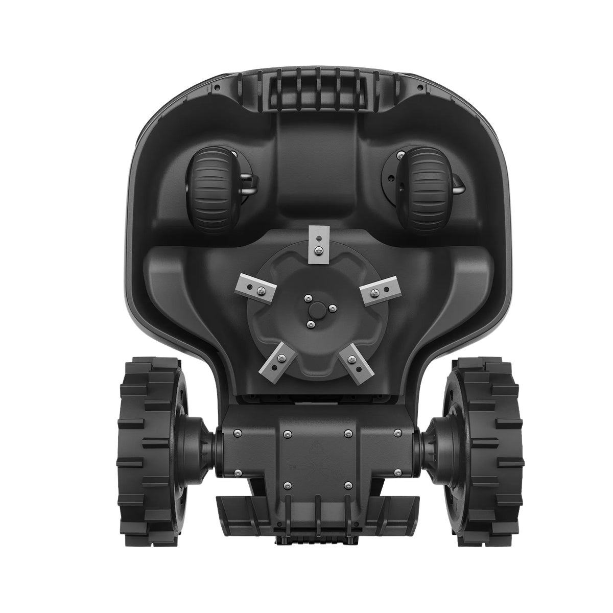 Top-down view of a robot with wheels on a transparent background