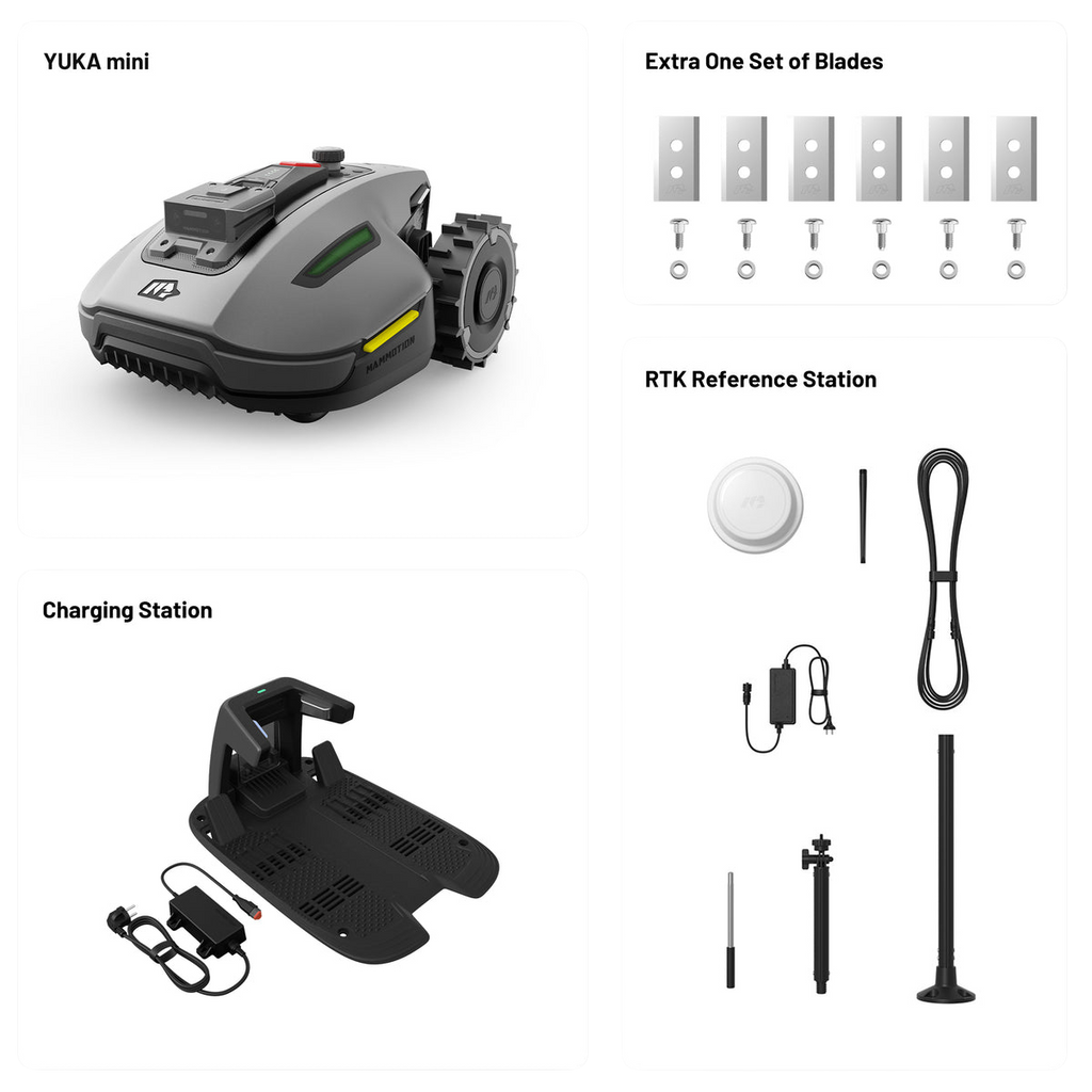 YUKA mini lawn mower with accessories on a white background