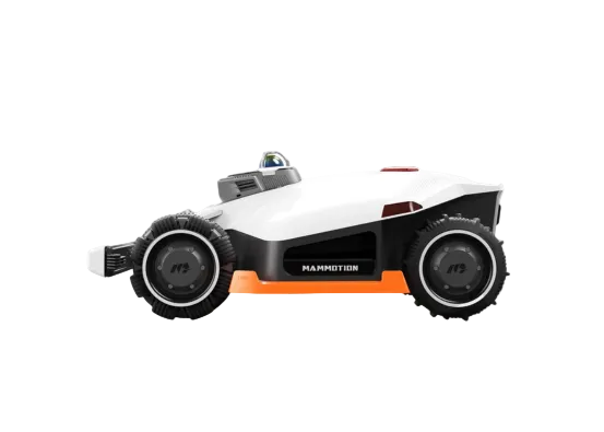White and orange lawn mower with 'Mammotion' branding on a white background