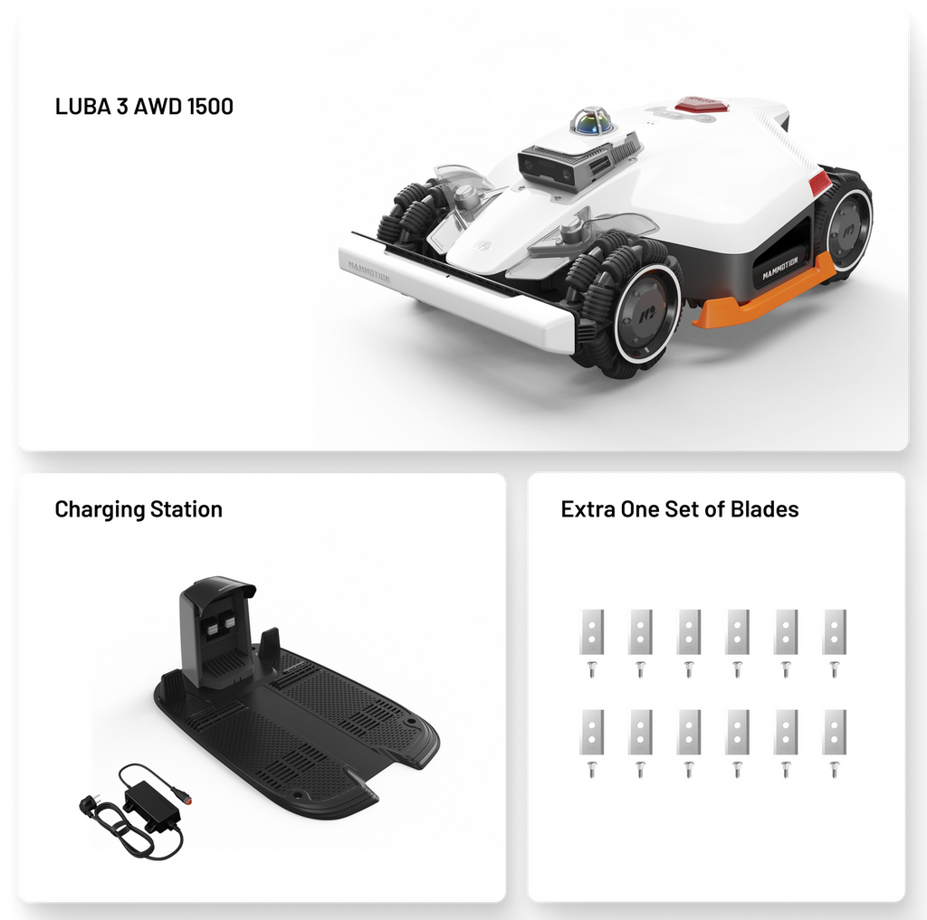 Robotic lawn mower with charging station and extra blades on a white background