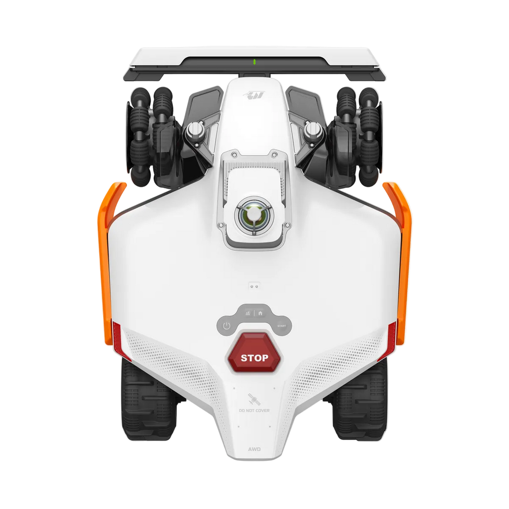 White and orange lawn mower with black blades on a white background