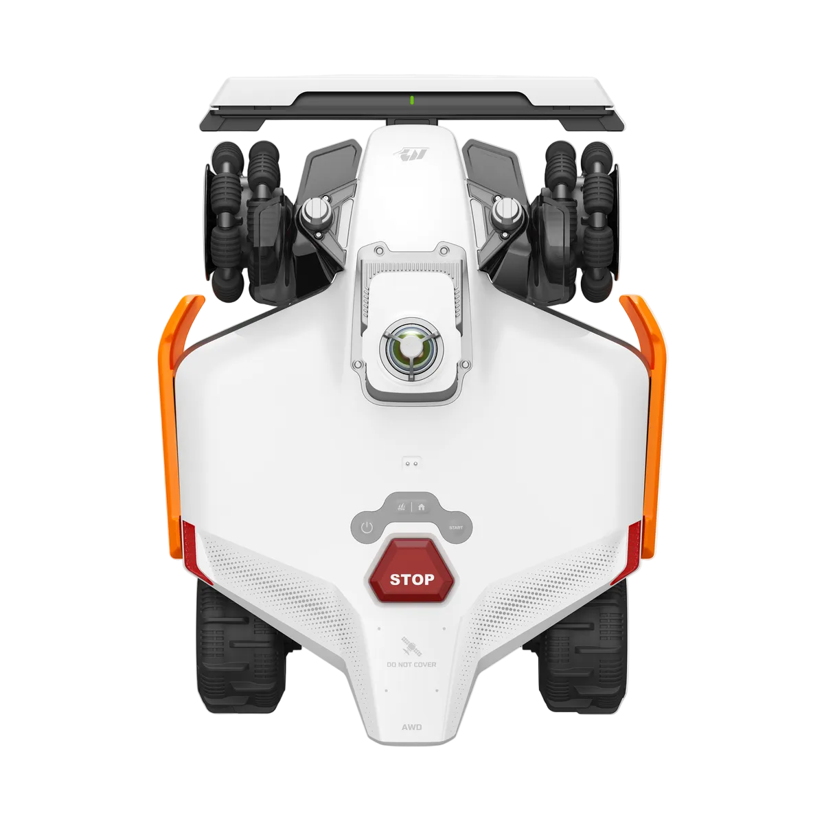 White and orange lawn mower with black blades on a white background