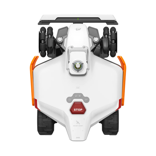 White and orange lawn mower with black blades on a white background