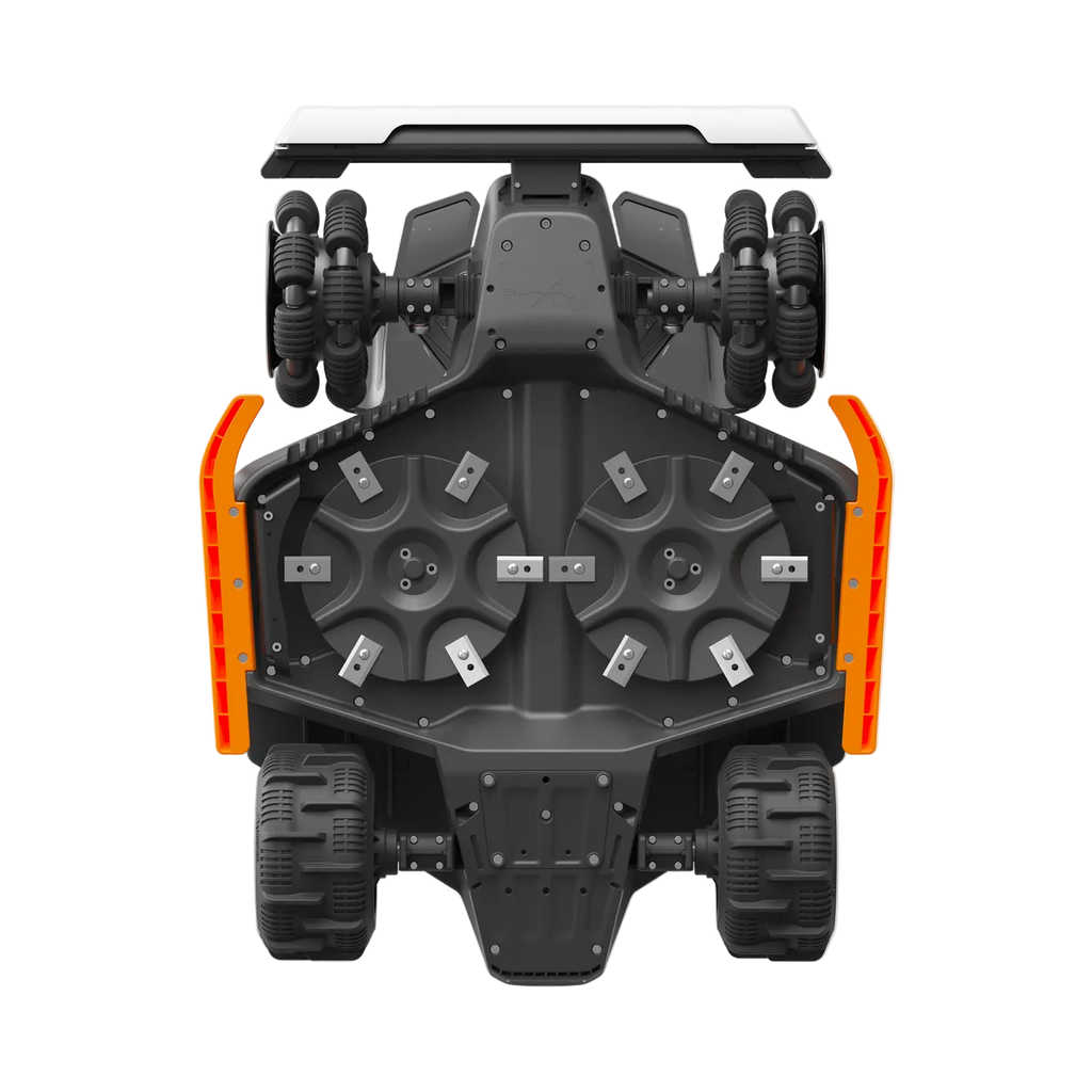 Top view of a black and orange mechanical device on a white background