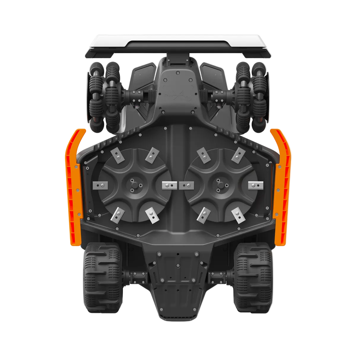 Top view of a black and orange mechanical device on a white background