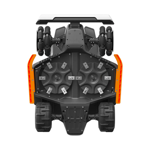 Top view of a black and orange mechanical device on a white background