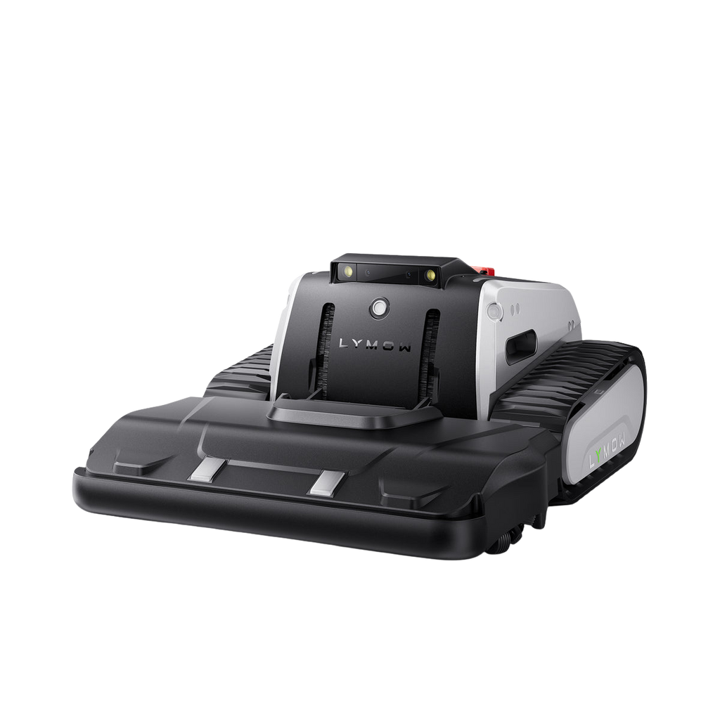 Robotic lawn mower with 'LYMOW' branding on a white background