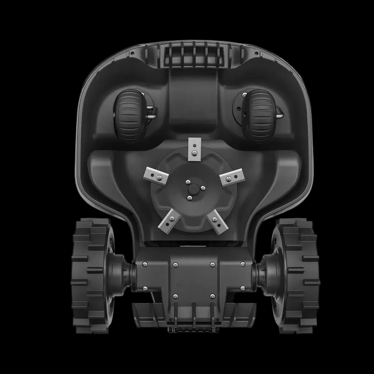 Top view of a black robot chassis with wheels on a white background
