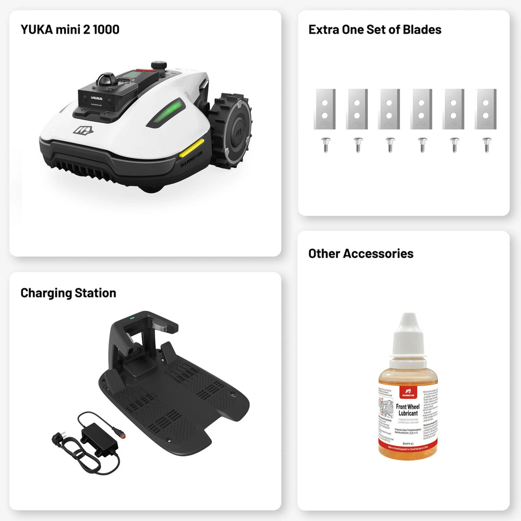 Product listing with YUKA mini 2 1000 robot lawn mower, additional blade set, charging station, and lubricant bottle on a white background.